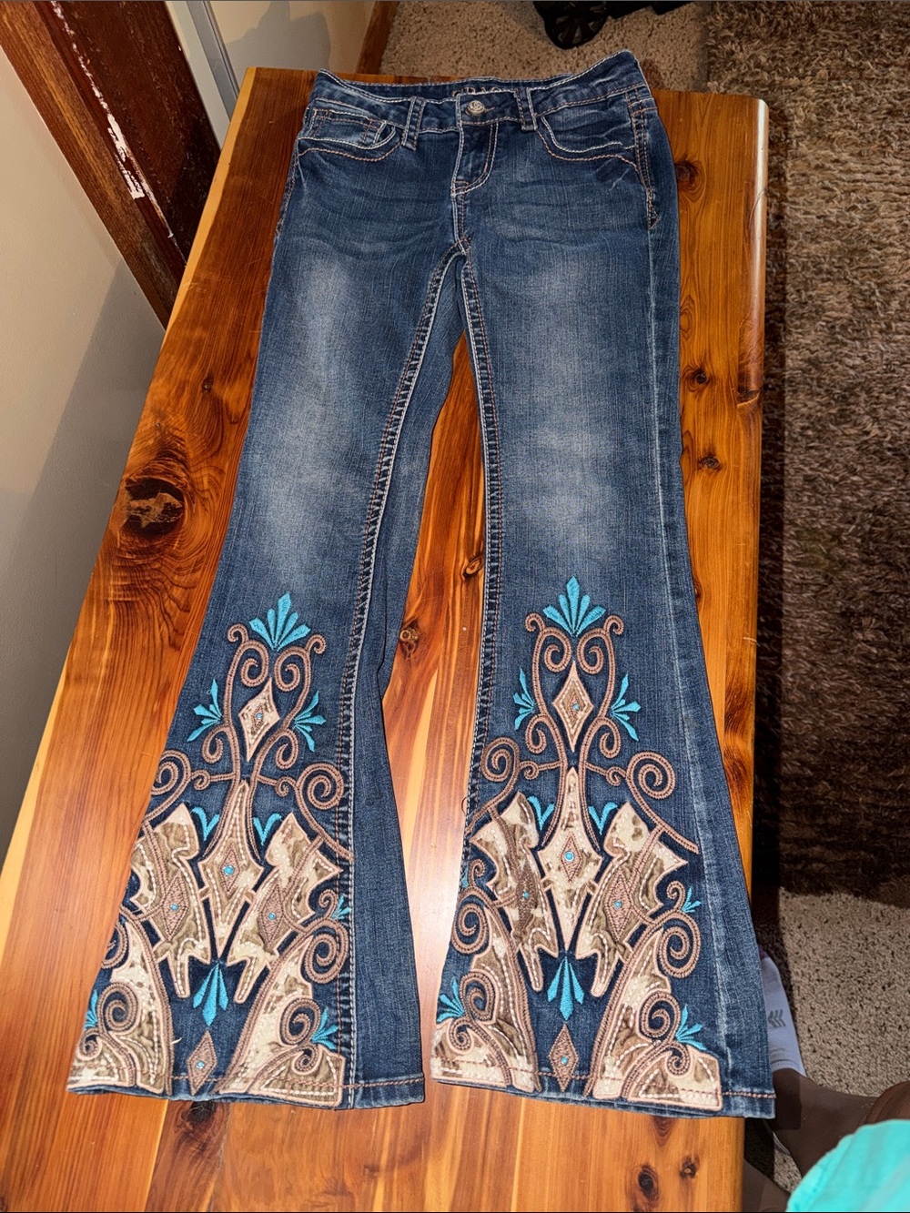 Grace Dark Blue Jeans with Turquoise and Tan Embroidery